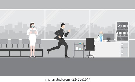 Hurry office people, a businessman runs to the doctor's appointment at the hospital. Rush hour, Urgent, Appointed time, Hectic life, Arriving late for medical treatment, Hectic, Daily haste. Concept.