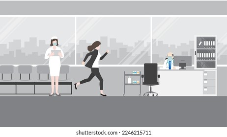 Hurry office people, a businesswoman runs to the doctor's appointment at the hospital. Rush hour, Urgent, Appointed time, Hectic life, Arriving late for medical treatment, Hectic, Daily haste Concept.