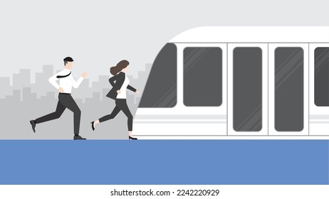 Hurry office people run against time to waiting train transportation. Rush hour, Urgent, Busy, Hectic, Daily haste, the fast pace of life, the hustle and bustle of an urban lifestyle concept. 