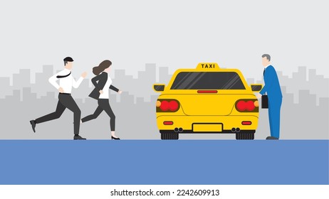 Hurry office people run to grab taxi and miss catching up with a businessman. Rush hour, Urgent, Busy, Hectic, Daily haste, the fast pace of life, the hustle and bustle of an urban lifestyle concept. 