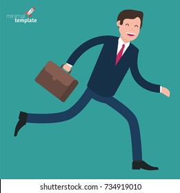 Hurry running businessman with briefcase in rush. Flat design vector template illustration.