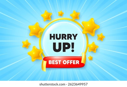 Hurry up sale sunburst ray banner. Best offer flag ribbon. Hurry up sale tag. Special offer sign. Advertising discounts symbol. 3d stars glitter. Red ribbon tag. Discount offer. Vector