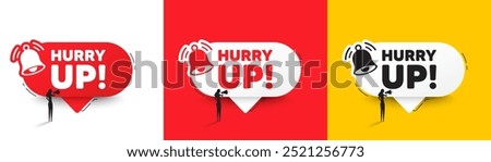 Hurry up sale tag. Speech bubbles with bell and woman silhouette. Special offer sign. Advertising discounts symbol. Hurry up sale chat speech message. Woman with megaphone. Vector