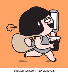 Hurry Tired Businesswoman is Running With Bag And Baby While Talking On Smartphone Concept Card Character illustration