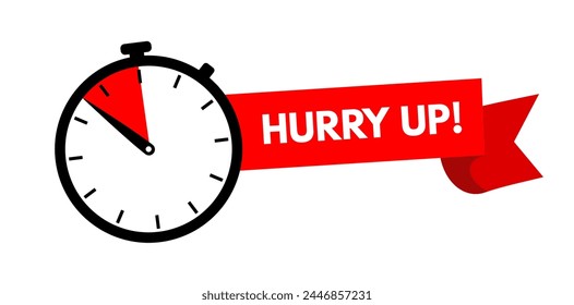 Hurry up! Clock with red ribbon, stopwatch, last chance, running out time vector illustration	