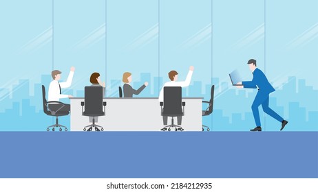 Hurry up, rush hour and urgent job. Businessman works by laptop and runs to office meeting room. Teamwork enjoying a job together, boss, cheerful employees, work hard, deadline project and workaholic.