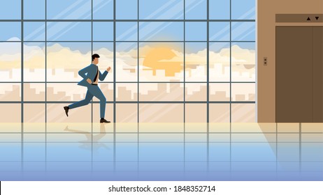 Hurry up and urgent business lifestyle. Businessman run to office building lift. Responsibility and diligent occupation in the early morning sunrise. Office people work hard for the company in city.