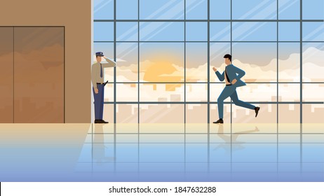 Hurry up and urgent concept of business life. Businessman run to company in early morning sunrise. Greeting salute security officer. Responsibility diligent office people city lifestyle of work hard.