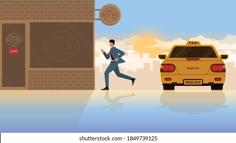 Hurry up and urgent concept of business owner life. Businessman run from taxi transport to close bistro restaurant in early morning sunrise. Entrepreneur lifestyle before re-opening business hours.