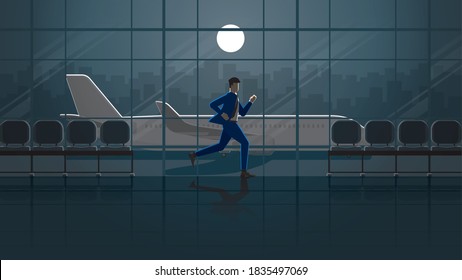 Hurry up urgent concept of Businessman run for flight in international airport terminal at dark night and full moonlight. Business trip city lifestyle of work hard overtime and overwork occupation.