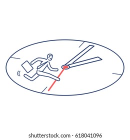 Hurry. Vector business illustration of stressed businessman running in clocks dial | modern flat design linear concept icon and infographic red and blue on white background