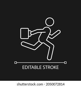Hurry white linear icon for dark theme. Running man Office man running to public transport. Thin line customizable illustration. Isolated vector contour symbol for night mode. Editable stroke