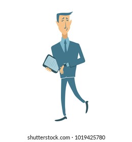 Hurrying businessman looking at the wristwatch, vector illustration, isolated on white background.