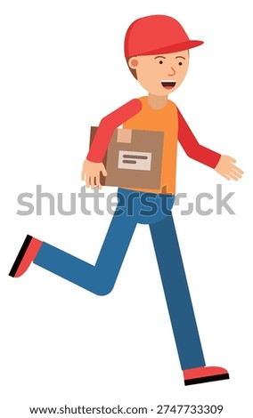 Hurrying delivery boy. Running guy with paper box