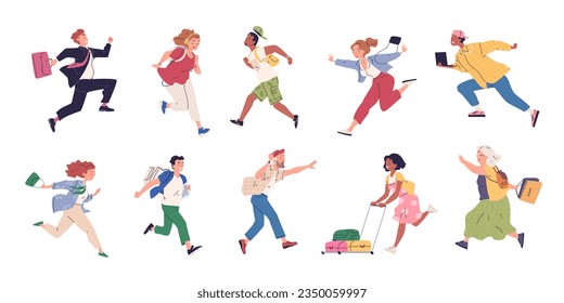 Hurrying fast people. Rushing characters speed running, run guy or girl student hurry to office busy worker late on work, rush man tourist with suitcase, classy vector illustration of hurry person