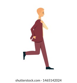 Hurrying late man, office worker or businessman puts on a jacket on the move flat style vector illustration on white background. Male running to work or study icon symbol.