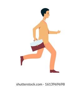 Hurrying late man, office worker or businessman carrying a briefcase flat style vector illustration on white background. Male running to work or study icon symbol.