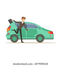 Hurrying Man Character Running To His Car, Businessman Is Late Vector Illustration