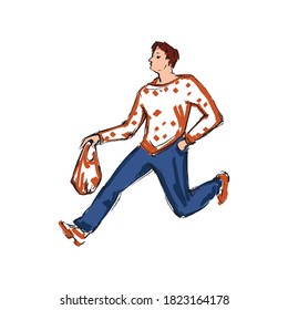 Hurrying man. A guy in casual clothes is running. He is in a hurry to deliver the package. The isolated image on a white background. Vector graphics. Flat, cartoon.