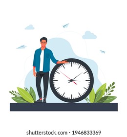 Hurrying man and Wall Clock. Concept of time management, effective planning for productive work, stressful task, deadline, countdown. Modern flat colorful vector illustration for poster, banner.