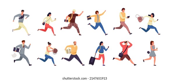 Hurrying people. Cartoon people late for work, men and women characters in casual clothes running and jogging. Vector set. Employees going to office with coffee, tourist with luggage