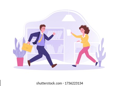 Hurrying people in office, business concept. Young worried busy businessman woman partners clerks managers employees cartoon characters running at work. Overloading and rush mental stress illustration