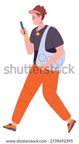 Hurrying person outdoor using smartphone. City tourist