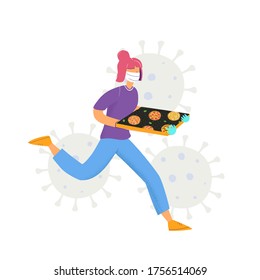 Hurrying pizza delivery girl in medical mask and sterile gloves. Safe and fast home delivery. Healthy delivery concept. Flat vector illustration