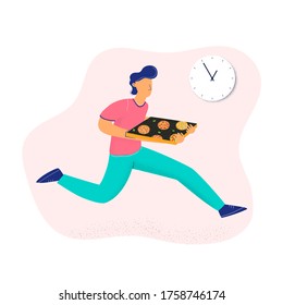 Hurrying pizza delivery man with tasty fresh pizza. Safe and fast home or work food delivery. Flat vector illustration