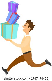 Hurrying running male character isolated on white background. Late on job or holiday, time management and deadline. Man in hurry runs with gift boxes. Joyful guy quickly carries boxes with presents