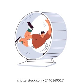 Corriendo, corriendo en la rueda del hámster. Infinita carrera de ratas, concepto de rutina de vida rápida y repetitiva. Agotado hombre cansado en círculo eterno, ciclo. Ilustración vectorial gráfica plana aislada sobre fondo blanco