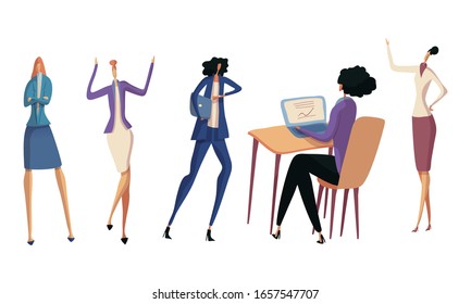 Hurrying Up and Sitting in Front of Laptop Office Female Employee or Businessswoman Vector Illustrations Set