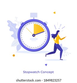 Hurrying woman and stopwatch. Concept of time management, effective planning for productive work, stressful task, deadline, countdown. Modern flat colorful vector illustration for poster, banner.