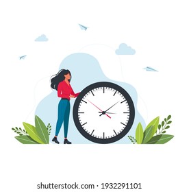 Hurrying woman and Wall Clock. Concept of time management, effective planning for productive work, stressful task, deadline, countdown. Modern flat colorful vector illustration for poster, banner.