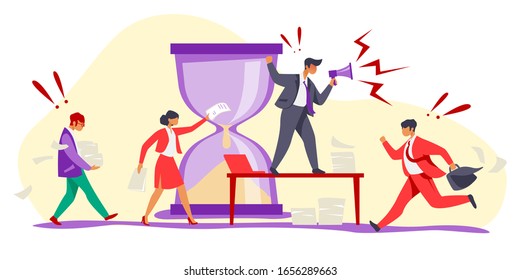 Hurrying workers, burnout. Boss shouting at employees, deadline flat vector illustration. Work related stress concept for banner, website design or landing web page