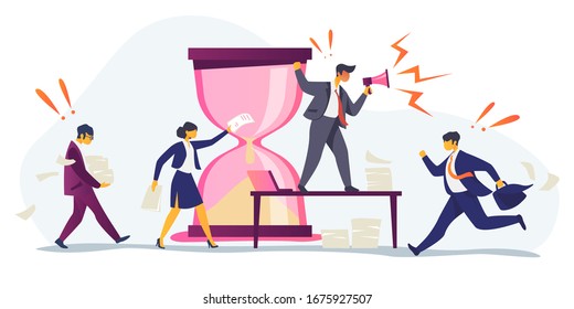 Hurrying workers, burnout. Boss shouting at employees, deadline flat vector illustration. Work related stress concept for banner, website design or landing web page