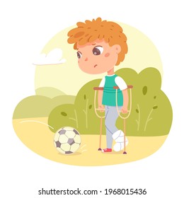 Hurt boy with broken leg in gypsum outdoor. Child unwell walking in park, unable to play football with ball vector illustration. Little kid holding crutches in hands, leg in plaster.