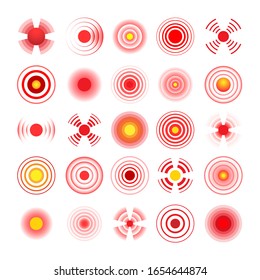 Hurt circles. Pain symbols vector illustration, painfulness markers for help information, body trauma syndrome red local design spots