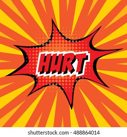 HURT, colorful speech bubble and explosions in pop art style. Elements of design comic books.Vector illustration