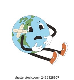 Hurt Earth mascot in retro style. Climate crisis. Cute planet character sitting isolated on white background. Vector globe with face illustration.