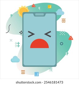 Hurt Emoji Expression on Smartphone Screen - Cheerful Digital Illustration with White Background and Abstract Shapes | Hurt emoji icon design on smartphone screen