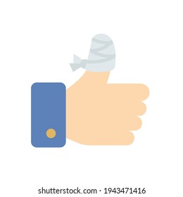 Hurt hand, bandage finger icon. Simple flat style. Like, thumb up gesture, injured, unavailable concept. Vector illustration isolated on white background. EPS 10.