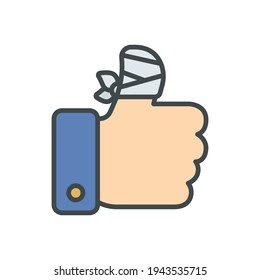 Hurt hand, bandage finger icon. Simple filled outline style. thumb up gesture, injured, unavailable concept. Vector illustration isolated on white background. EPS 10.