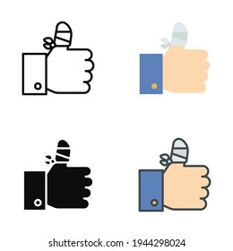 Hurt hand, bandage finger icon in different style. Outline, flat, solid, filled outline. Like, thumb up gesture, injured, unavailable concept. Vector illustration isolated on white background. EPS 10.