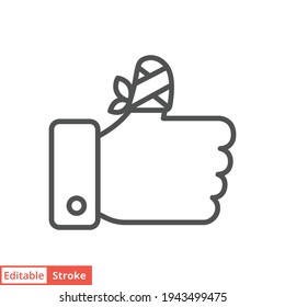 Hurt hand, bandage finger line icon. Simple outline style. Like, thumb up gesture, injured, unavailable concept. Vector illustration isolated on white background. Editable stroke EPS 10.