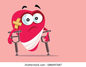 Hurt Heart Walking With Crutches Vector Cartoon. Heart Aching From Disease Or A Break-up Conceptual Image
