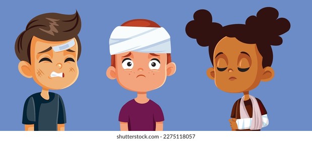 
Hurt Kids Suffering Injuries Waiting for Pediatric Care Vector Illustration. Group of children waiting for pediatric assistance in a hospital 
