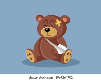 Hurt Teddy Bear with a Bandage and a Broken Arm. Broken wounded toy symbol of domestic violence concept illustration
