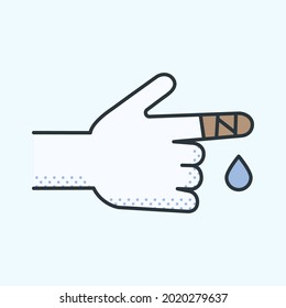 Hurted finger with bandage, hand, bandage, injury icon vector image. Can also be used for healthcare and science. Suitable for use on web apps, mobile apps and print media. Eps 10 vector illustration.