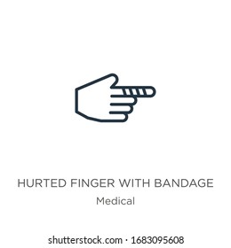 Hurted finger with bandage icon. Thin linear hurted finger with bandage outline icon isolated on white background from medical collection. Line vector sign, symbol for web and mobile